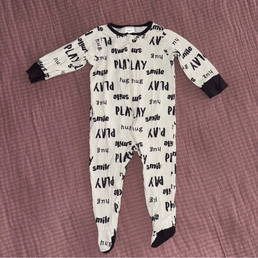 White and Black One Piece Footies with Bold Typographic Design